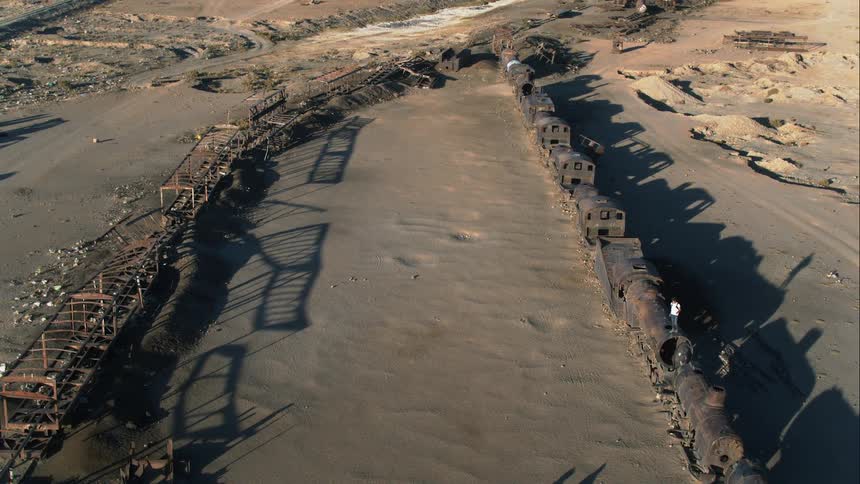 A person standing on an abandoned train in the desert with a mountain range in the background