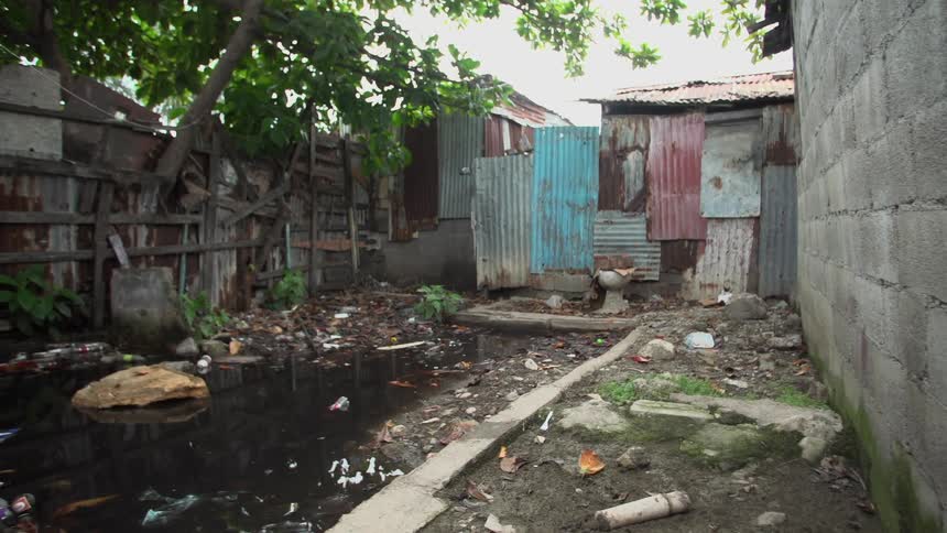 A murky garbage filled puddle behind a dilapidated house