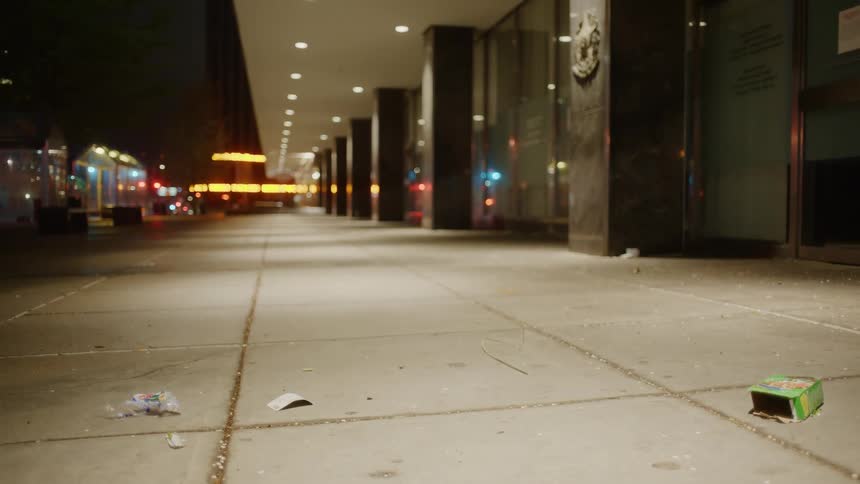 Trash blows down an empty city sidewalk at night