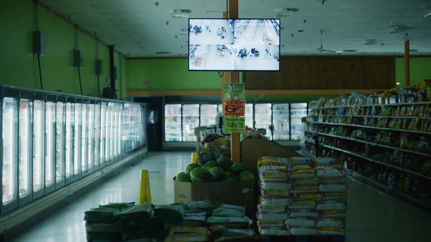 A security monitor mounted on a support pillar in a dimly lit grocery store