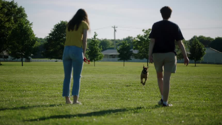 A man and woman play with their dog in a large open grass area