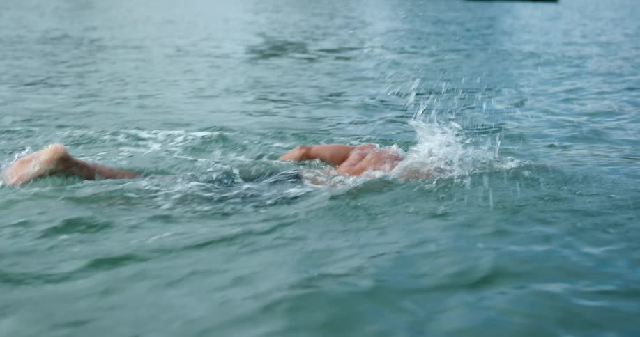 A man in a swimming cap and goggles swims near a dock on a sunny day