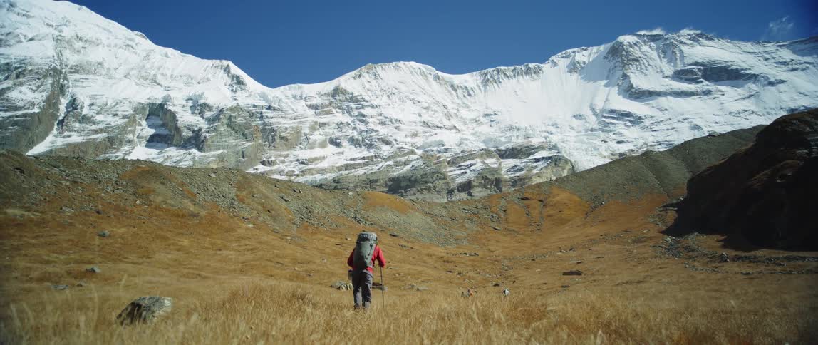 A small group of hikers are headed across a grassy field toward a snow covered mountain on a sunny day