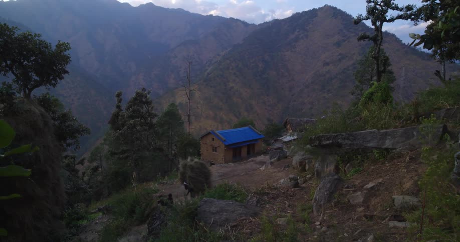A man walking near a small building in the mountains carries a large pile of grass on his back before dumping it on the ground