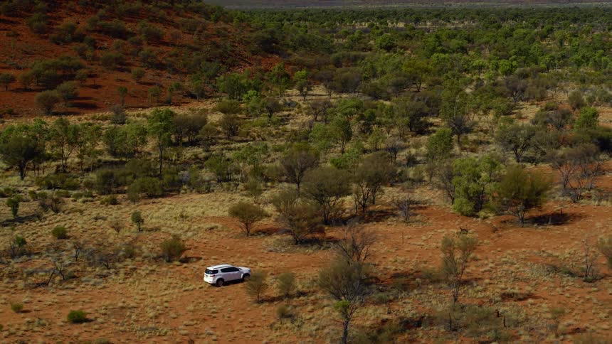 A vehicle driving in the desert with trees and dirt with the sky in the background