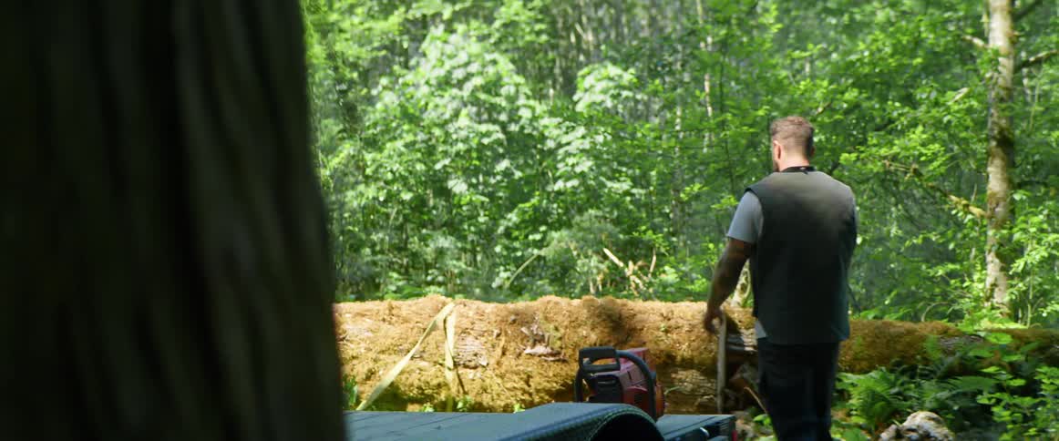 A man walks behind a commercial truck and walks to a large tree log in a rural setting
