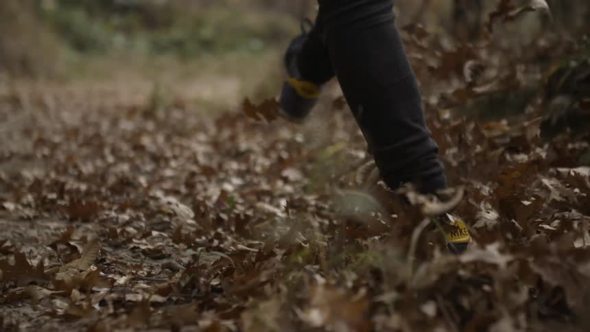 A man walks through and kicks up fallen leaves