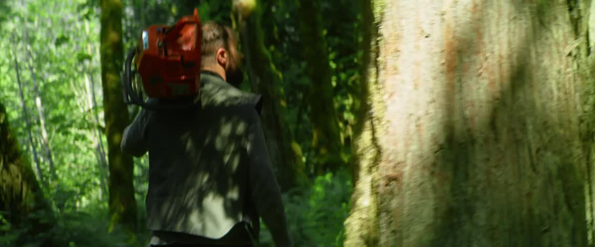 A man walks through a woodland while carrying a chainsaw over his shoulder