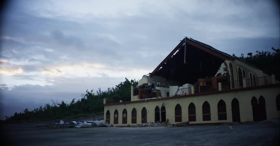 Destroyed church building in aftermath of natural disaster