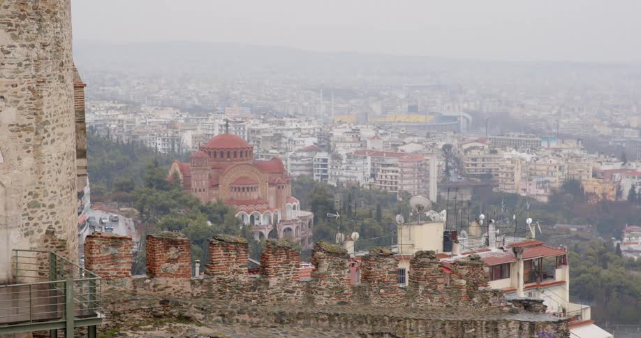 City with high density housing under fog