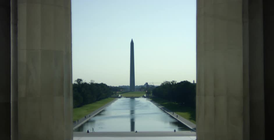 The Washington monument obelisk in front of the Lincoln memorial reflecting pool