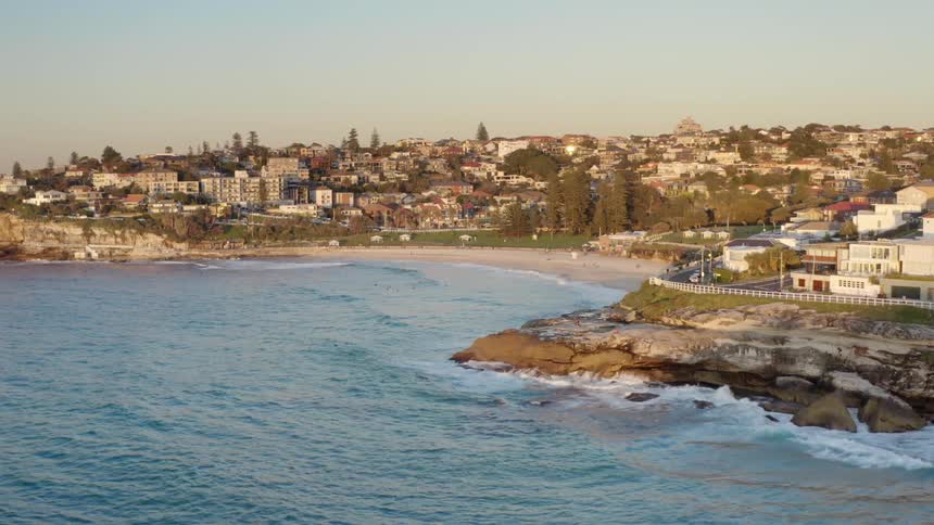 An aerial view of a neighborhood on the coast