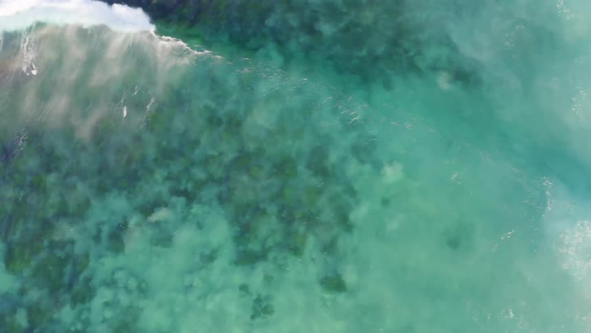 A birds eye view of surfers catching a wave on a summer day