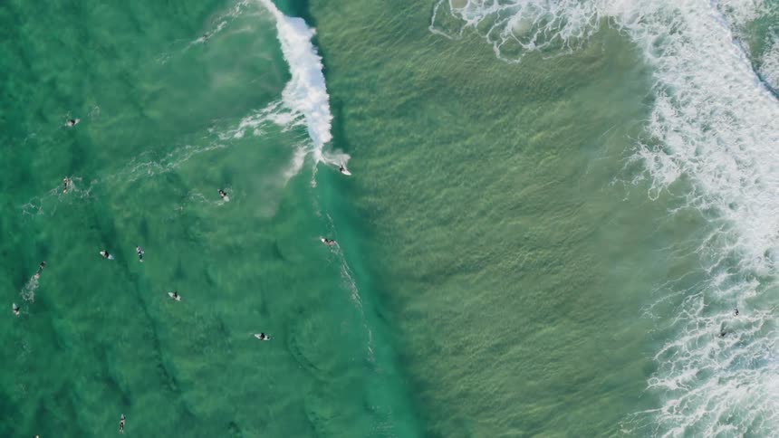Surfers paddle across ocean as waves crash onto shore