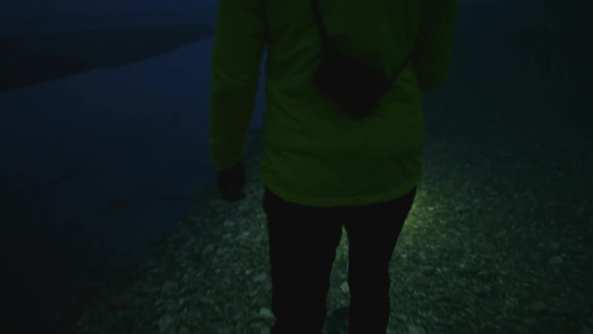 A person walking along the shore at night