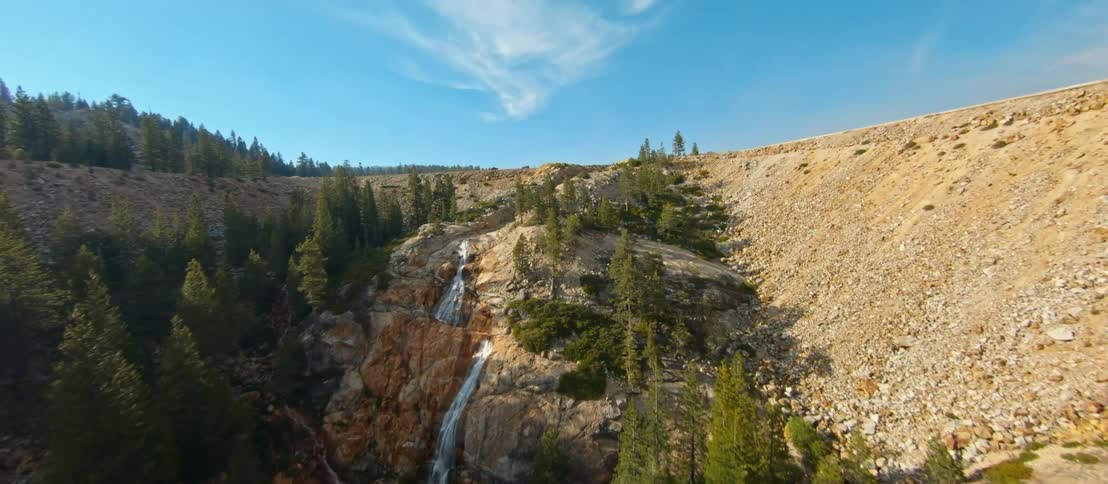 An aerial view of a river and canyons