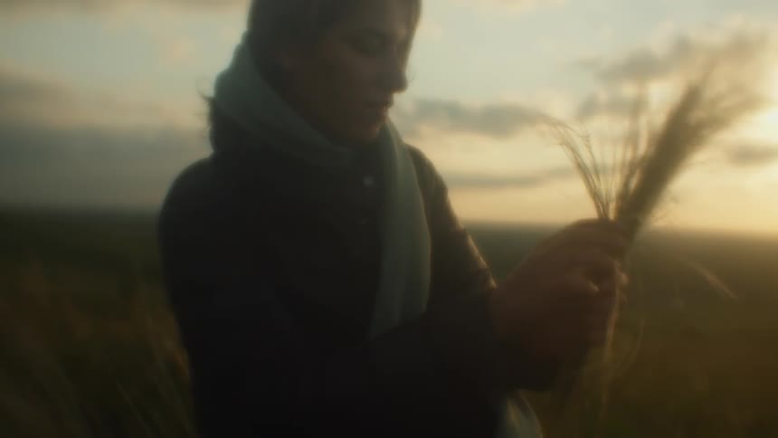 A woman in a field picks long stalks of grass