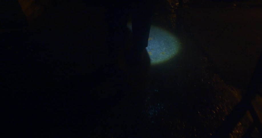 A person is walking on the road at night with a flashlight