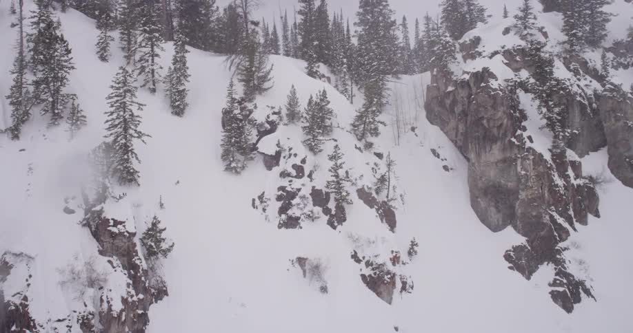 View of a snowy mountainside as more snow falls