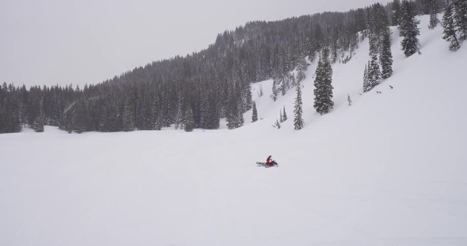 Someone riding a snowmobile in a valley heavy with snow