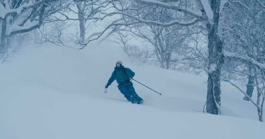 A skier skies between trees covered in frost while descending a mountain slope during heavy snow