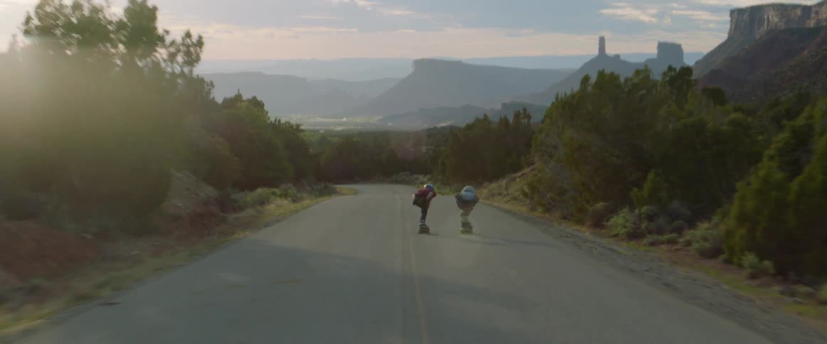 Two people skateboarding down a mountain