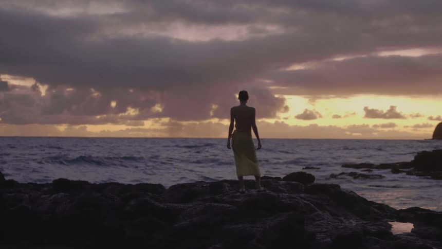A silhouetted woman in a skirt standing on a rock on a beach at sunset