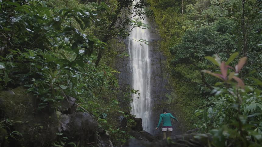 A woman walks through a woodland towards a waterfall