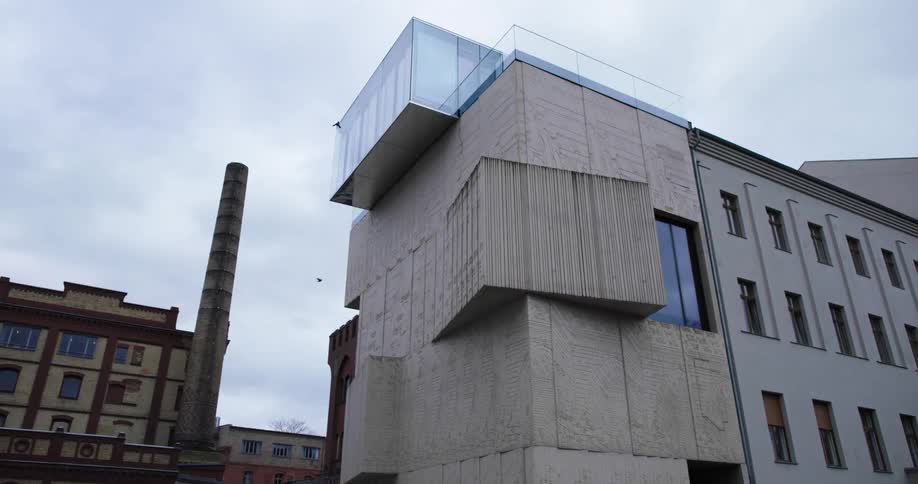 A bird flies over the buildings