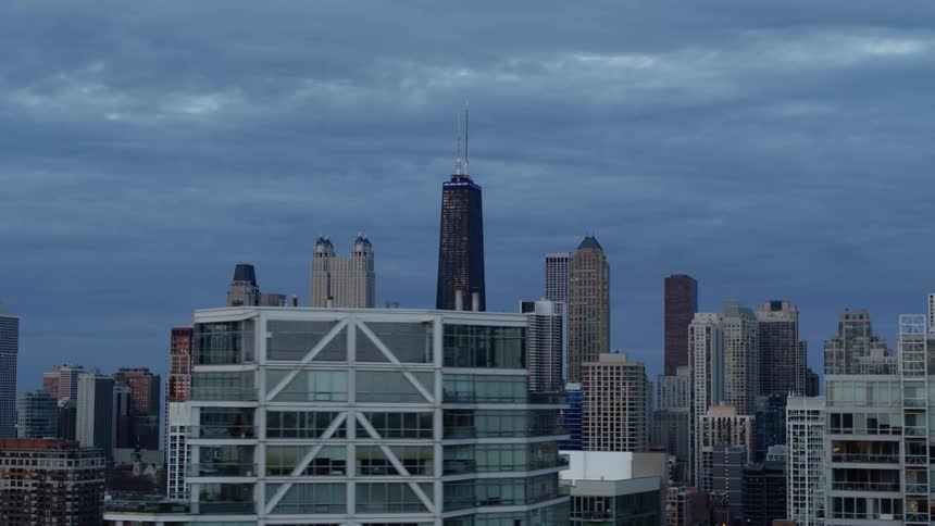 Aerial view of a downtown Chicago at dusk