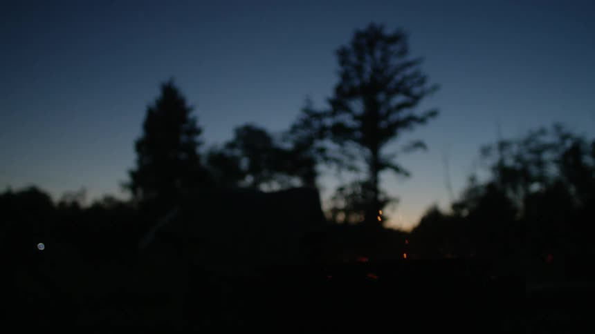 A campfire outside at dusk with silhouetted trees in the distance