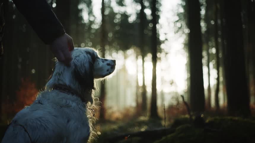 A dog sits in a forest on a coat day as its head is stroked by a its owner