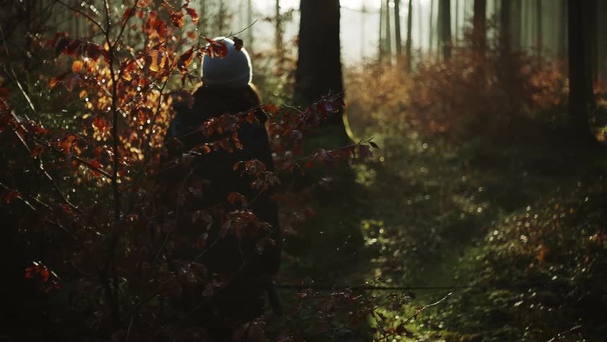A woman walking through the forest