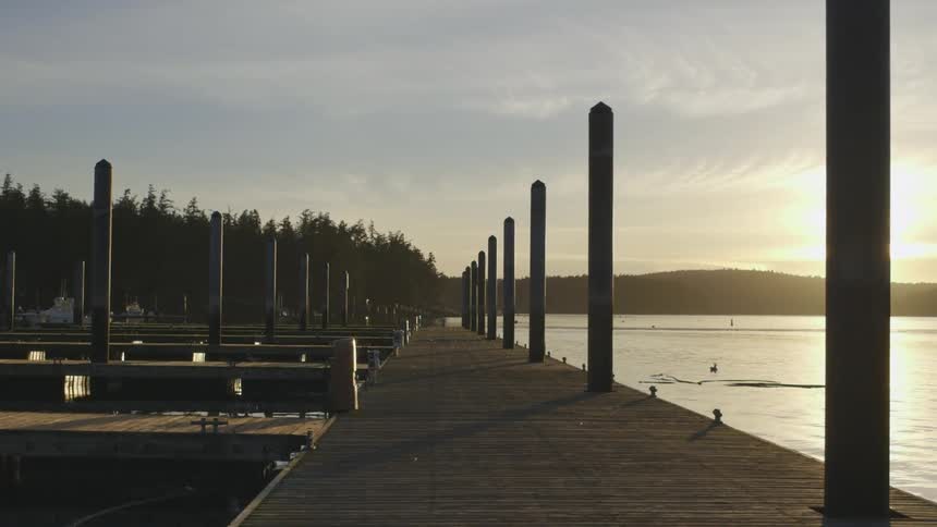 A boat dock on a lake in the morning