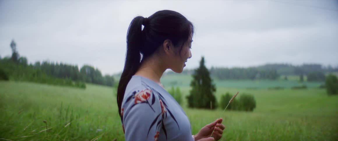 Fog covers hill on horizon as woman stands with eyes closed in meadow holding grass stalk