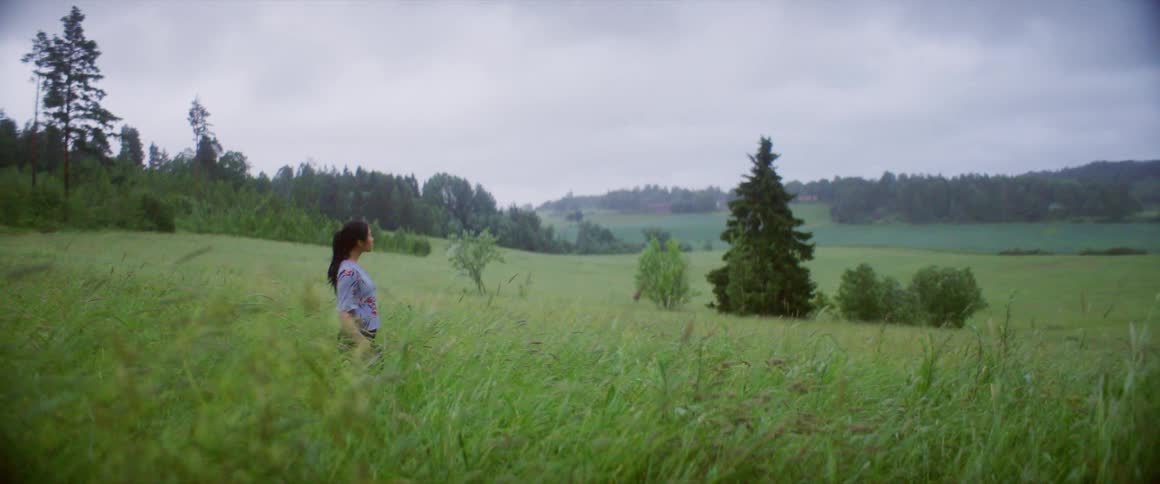 Woman walks through tall grass in field bordered by forest covered hills under overcast sky