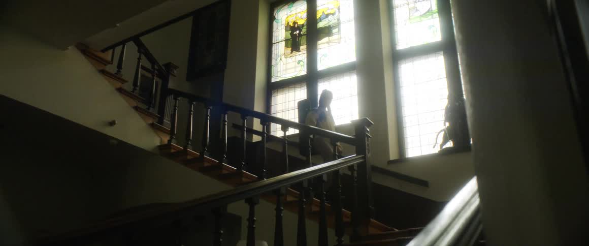 A young woman carries a violin case down a staircase containing stained glass windows in a building during the day