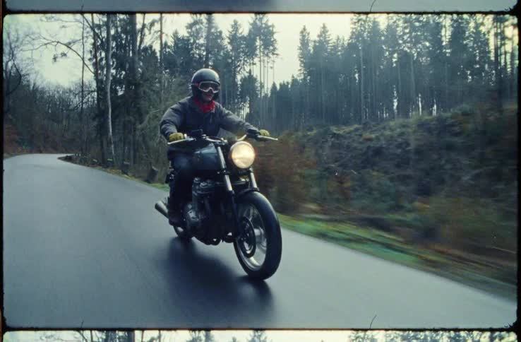Man with a helmet and a leather jacket rides a motorcycle on a road through a forest