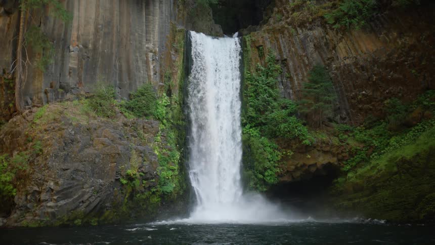 A waterfall with a cliff and plants
