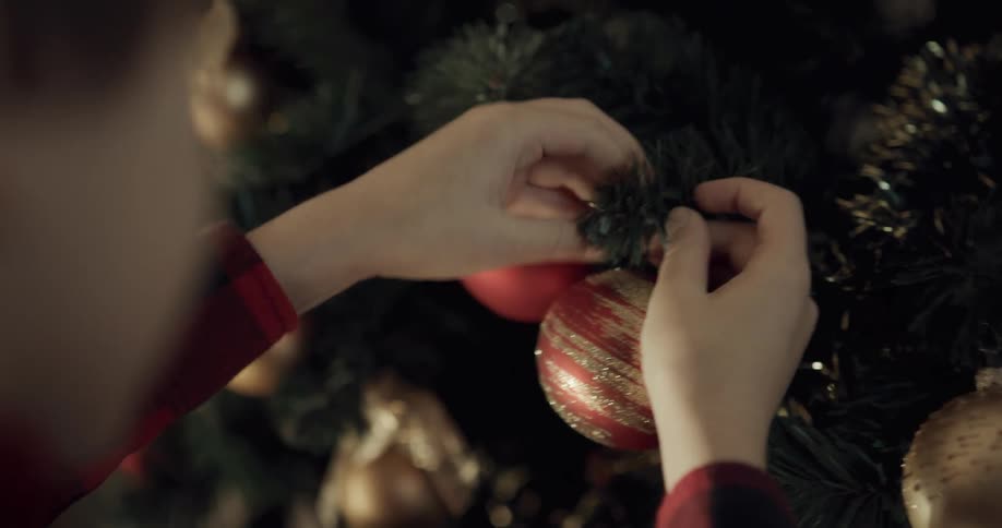 A male child hanging a red and gold ornament on a christmas tree
