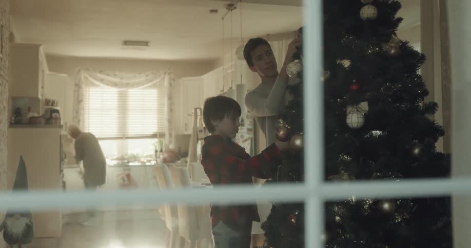 A young boy and older male places ornaments on a christmas tree