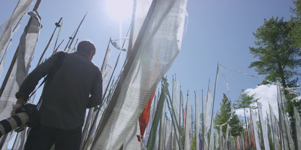 Man with large camera walking through sticks with flags flowing in the breeze