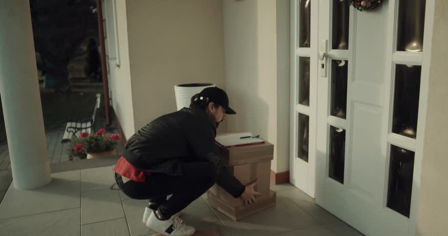 A delivery man carries packages up to house and knocks on the door and sets them down on the porch and marks them off as delivered before walking away