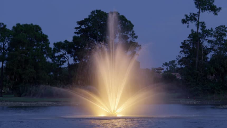A pond with a fountain in a park