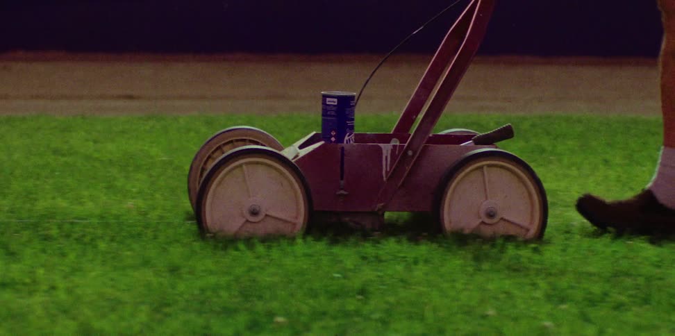 Lines are painted on the grass of a sports field