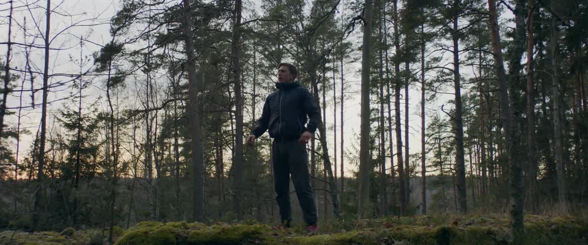 A man running and resting in the forest with trees the sky and clouds in the background