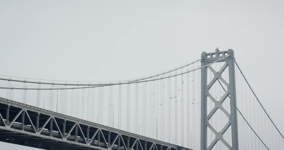 Birds fly over a large suspension bridge during the day