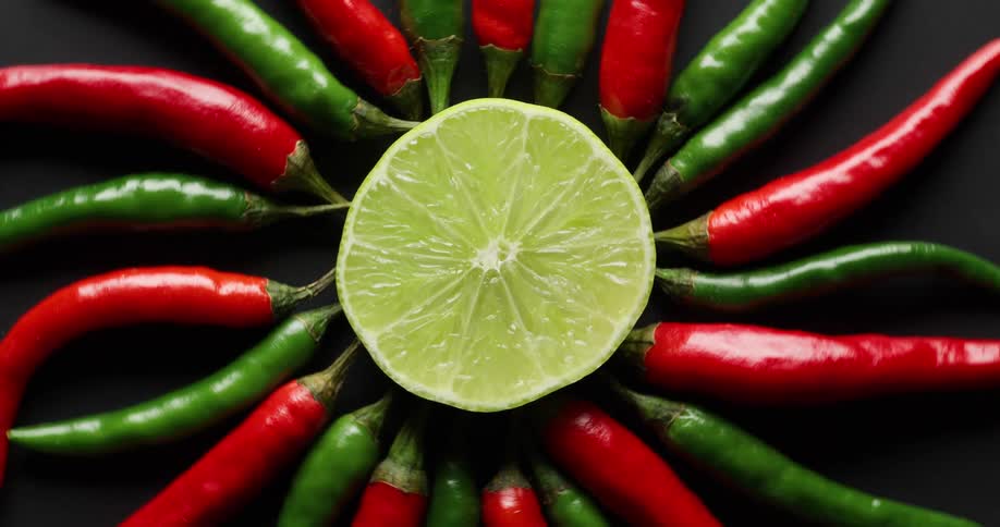 Red and green serrano peppers surround a lime that is halved as it all spins in a circle