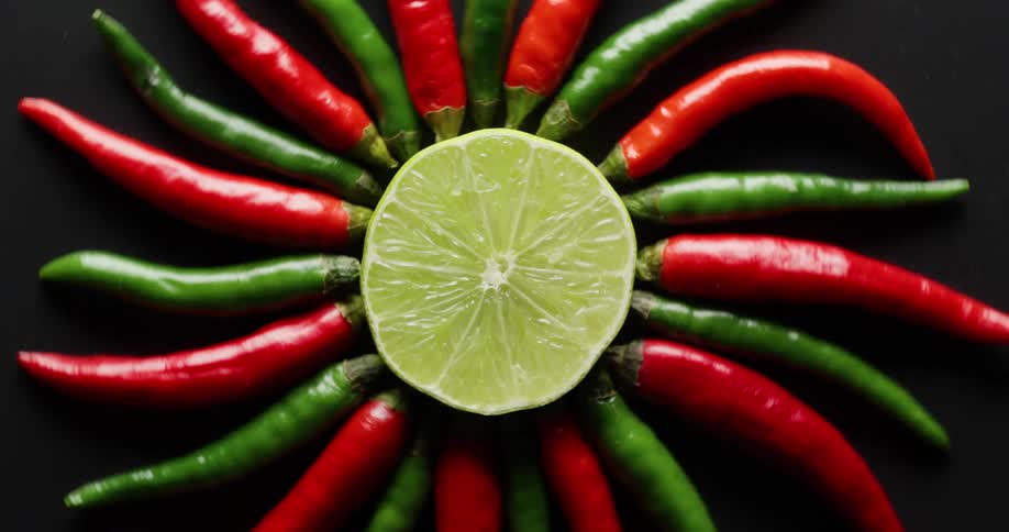 Limes and chili peppers in front of a backdrop in a studio