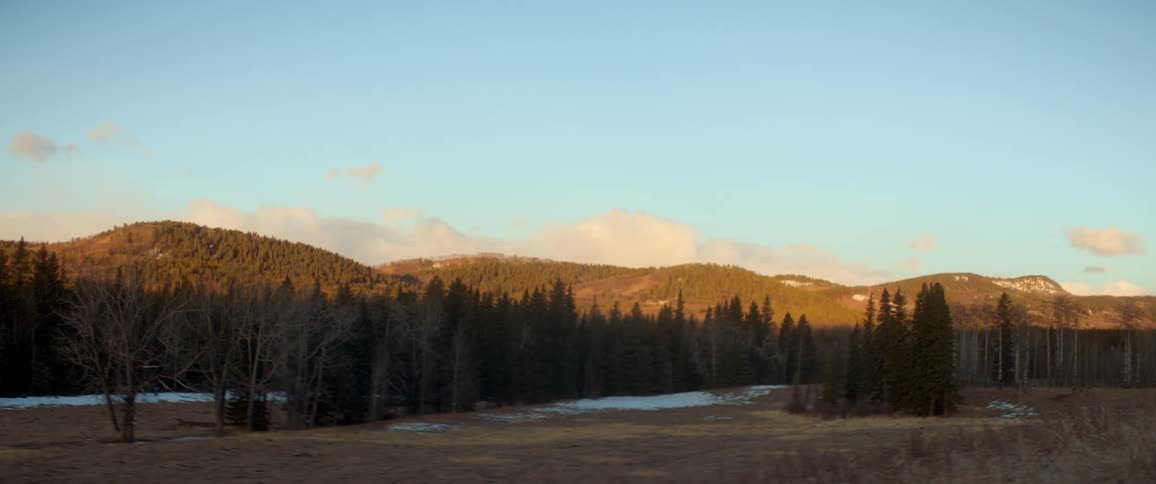 Landscape of mountains and trees with a little snow and blue sky